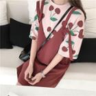 Set: Cherry Print Elbow-sleeve T-shirt + V-neck Pinafore Dress
