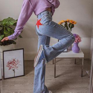 Washed Star Patch Straight Leg Jeans