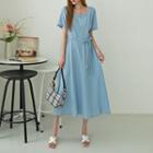 Square-neck Flared Long Denim Dress With Sash
