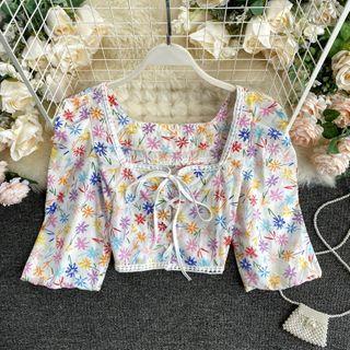 Square-neck Floral Lace-up String Top As Shown In Figure - One Size