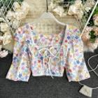 Square-neck Floral Lace-up String Top As Shown In Figure - One Size