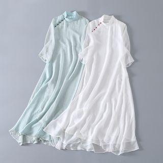 Traditional Chinese Elbow-sleeve Linen Maxi Dress