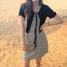 Short-sleeve Tied Jacket / Spaghetti Strap Floral Print Mini Dress