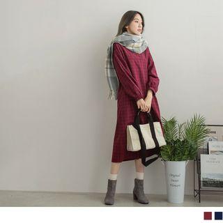 Oversized Puff Sleeve Plaid Dress