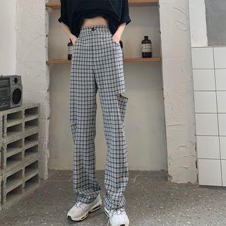 Cutout Plaid Straight-fit Pants