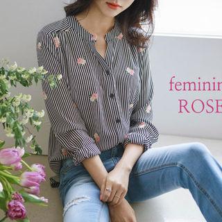 Mandarin-collar Rosette Stripe Shirt