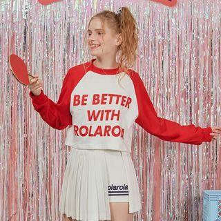 Raglan-sleeve Letter-printed Cropped T-shirt Red - One Size