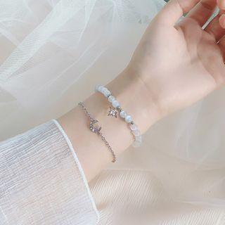Set Of 2: Cat Eye Stone Moon & Star Bracelet Set Of 2 - As Shown In Figure - One Size