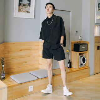 Set: Elbow-sleeve Plain Shirt + Drawstring-waist Shorts