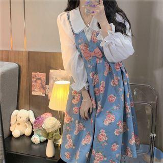 Long-sleeve Peter Pan Collar Blouse / Floral Print Midi Overall Dress
