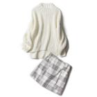 Plain Mock Neck Sweater / Plaid A-line Mini Skirt