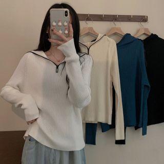 Semi Split-neck Zip Hooded Knit Top
