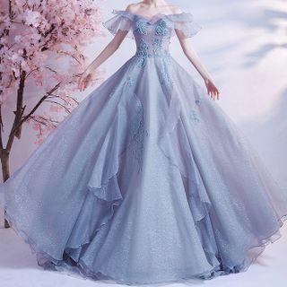 Off-shoulder Ruffled Rhinestone A-line Evening Gown