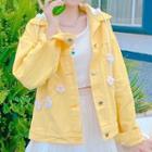 Floral-accent Hooded Denim Jacket