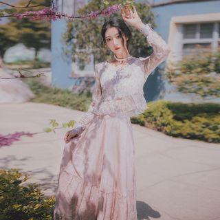 Flower Print Ruffle Trim Long-sleeve Blouse / Lace Trim High-waist Maxi A-line Skirt / Set