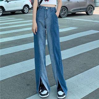 Paneled Slit-hem Wide Leg Jeans