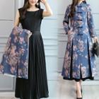 Set: Sleeveless Pleated A-line Dress + Stand Collar Slit-hem Floral Print Coat