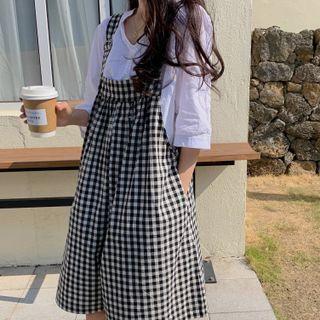 Set: Elbow-sleeve Blouse + Gingham Wide-leg Jumper Shorts