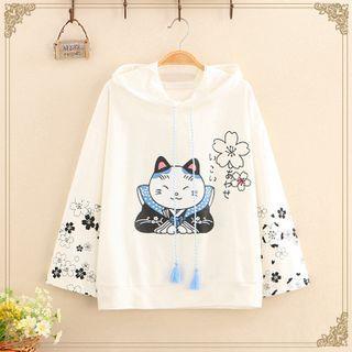 Cat Print Tassel-detail Oversize Hoodie