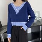 Long-sleeve Color-block Cropped Sweater
