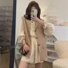 Set: Lantern Sleeve Blouse + Button-up Vest + Drawstring Waist Shorts