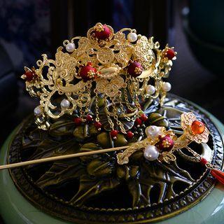 Set: Wedding Retro Tiara + Hair Stick Set Of 2 - Gold - One Size