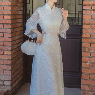 3/4-sleeve Floral Embroidered Mesh Midi A-line Qipao Dress