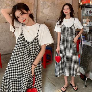 Sleeveless Gingham Pinafore Dress Black - One Size
