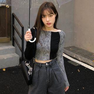 Long-sleeve Two Tone Top Stripe - Black - One Size