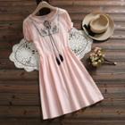 Ethnic Embroidered Short Sleeve Tie-neck Dress