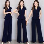 Set: V-neck Short-sleeve Top + High Waist Wide-leg Pants