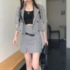 Short-sleeve Plain Plaid Jacket / Plaid Side-slit Mini Skirt