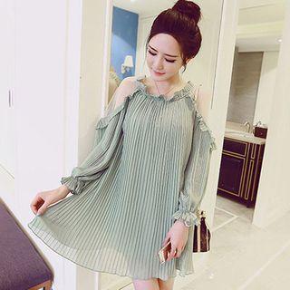 Cutout Shoulder Accordion Chiffon Dress