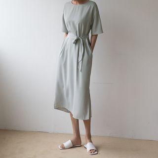 Round-neck Textured Long Dress With Sash