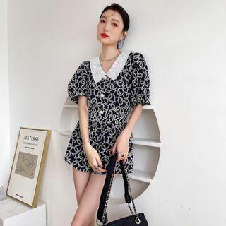Set: Puff-sleeve Collared Print Top + Shorts