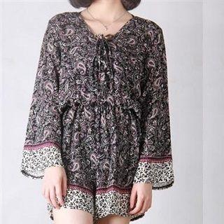 Tie-neck Patterned Playsuit Black - One Size