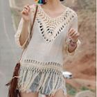 Elbow-sleeve Cutout Tassel Top Almond - One Size