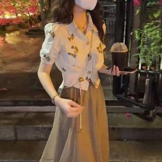 Puff-sleeve Collar Embroidered Blouse / Midi A-line Skirt / Set