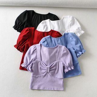 Puff-sleeve Square Collar Cropped Knit Top