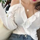 Ruffle Trim Cold Shoulder Long-sleeve T-shirt Milky White - One Size