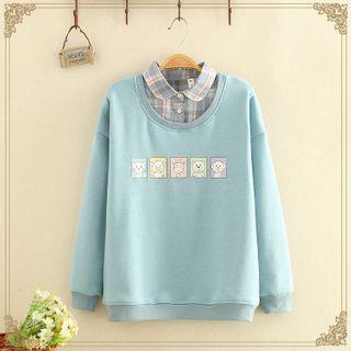 Inset Gingham Shirt Animal Print Sweatshirt