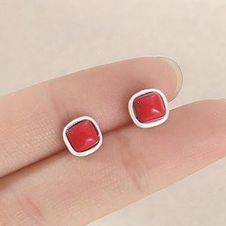 Square Bead Sterling Silver Earring 1 Pair - Red & Silver - One Size