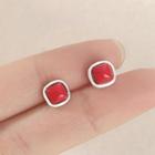 Square Bead Sterling Silver Earring 1 Pair - Red & Silver - One Size