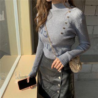 Mock-turtleneck Buttoned Rib Knit Top