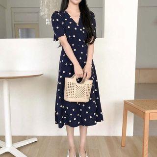 Flower Print V-neck Short-sleeve Midi A-line Dress