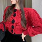 Puff-sleeve Cropped Cardigan Red - One Size