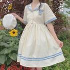 Short-sleeve Collared A-line Dress Off-white - One Size
