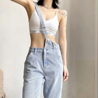 Washed One-shoulder Suspender Jeans
