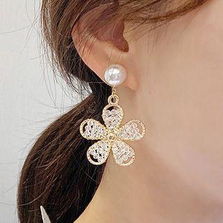 925 Sterling Silver Faux Pearl Rhinestone Flower Drop Earring 1 Pair - One Size