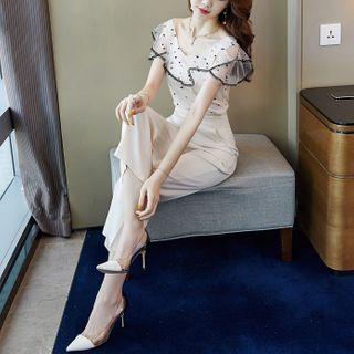 Dotted Short-sleeve Blouse / Wide-leg Cropped Pants / Set